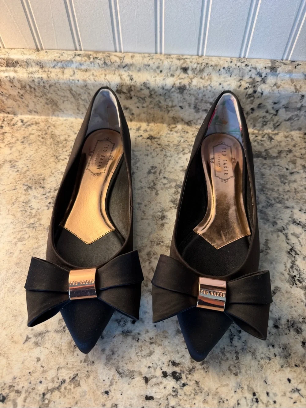 Ted Baker London Black Pointed Ballet Flats with Rose Gold Bow Accent Size 38